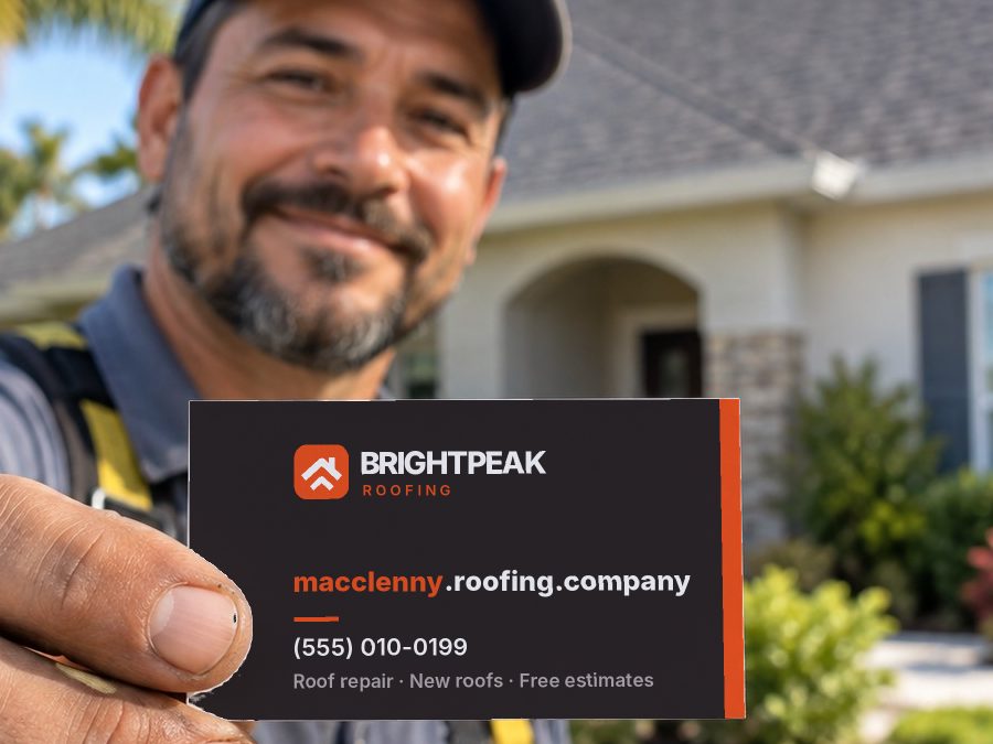macclenny.roofing.company on a roofer's business card