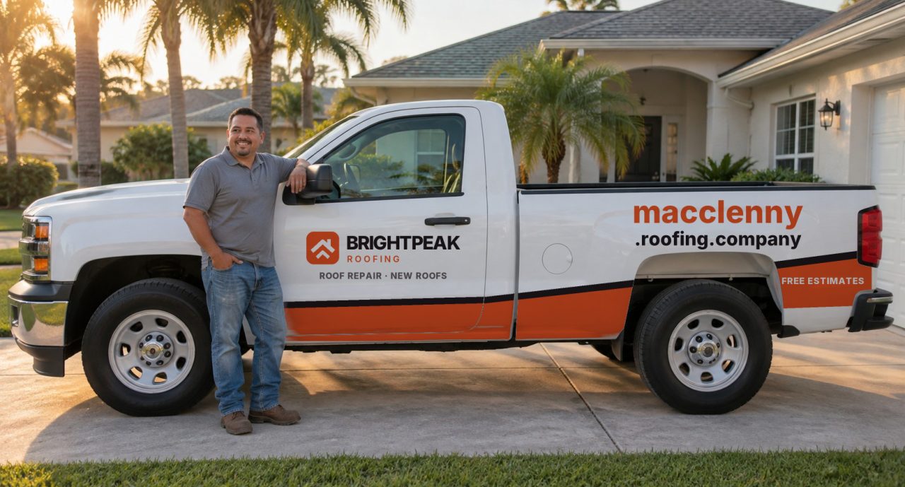 macclenny.roofing.company painted on the side of a white work truck